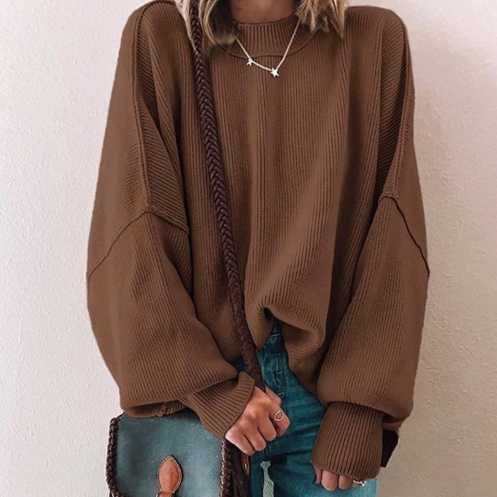 Prinbara Women's Brown Oversized Crew Neck Knit Pullover Sweater Size M